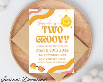 Dos geniales invitaciones para segundo cumpleaños, cumpleaños retro de niña (descarga digital)