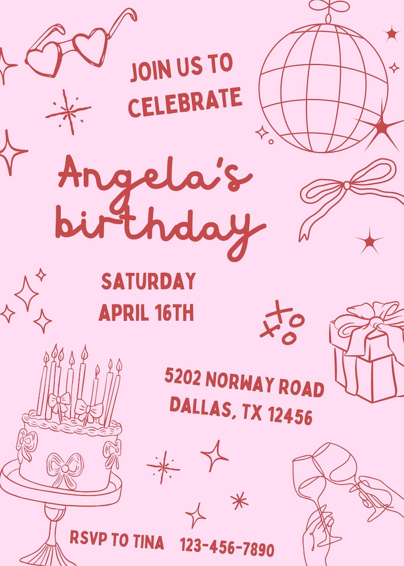 Pink 5202 Birthday Invitation, Pink Birthday Invitation, Modern Birthday Invite ...