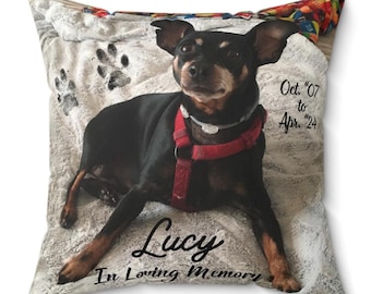 Könnte beinhalten: Quadratisches Kissen mit einem schwarz-braunen Hund mit rotem Geschirr. Auf dem Kissen stehen der Name "Lucy" und der Satz "In Loving Memory". Auf dem Kissen stehen auch die Daten "Oct. '07 to Apr. '24".