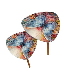 Vintage Butterfly Flowers Triangle Coffee Table Set of 2 (Made in USA)