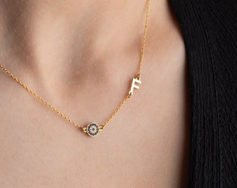 Sideway Initial Gold Necklace with Evil Eye Charm • Delicate Sideway Letter Evil Eye Pendant • Protection Jewelry by Silverify