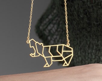 Dainty Geometric Hippo Gold Necklace • Cute Hippo Pendant • Origami Hippopotamus • Handmade Gifts • Minimalist Necklace by Silverify