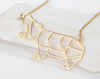 Solid Gold Dainty Geometric Hippo Necklace • 8K Cute Hippo Pendant • 14K Origami Hippopotamus • 22K Handmade Gifts by Silverify