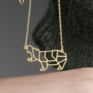 Dainty Geometric Hippo Gold Necklace Cute Hippo Pendant Origami Hippopotamus Handmade Gifts Minimalist Necklace by Silverify image 1