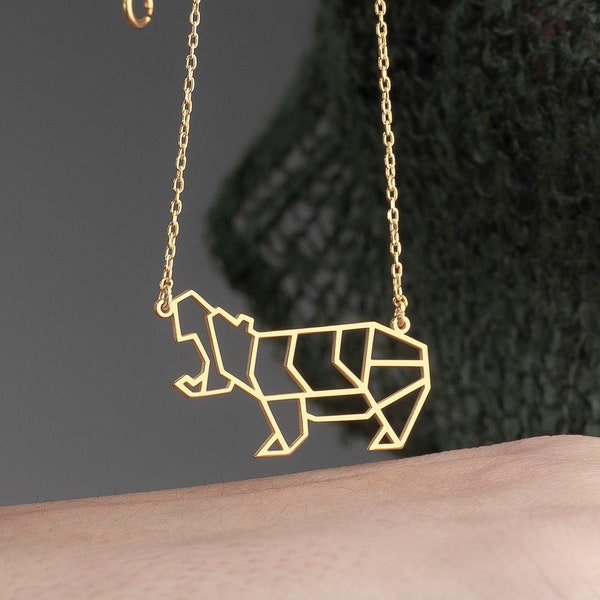 Dainty Geometric Hippo Gold Necklace • Cute Hippo Pendant • Origami Hippopotamus • Handmade Gifts • Minimalist Necklace by Silverify