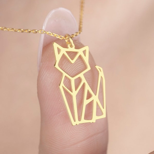Dainty Geometric Cat Gold Necklace • Cute Cat Necklace • Origami Cat Pendant • Solid Gold Handmade Gifts • Minimalist Necklace by Silverify