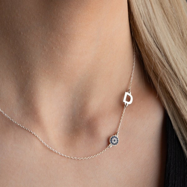 Sideway Initial Gold Necklace with Evil Eye Charm • Delicate Sideway Letter Evil Eye Pendant • Protection Jewelry by Silverify