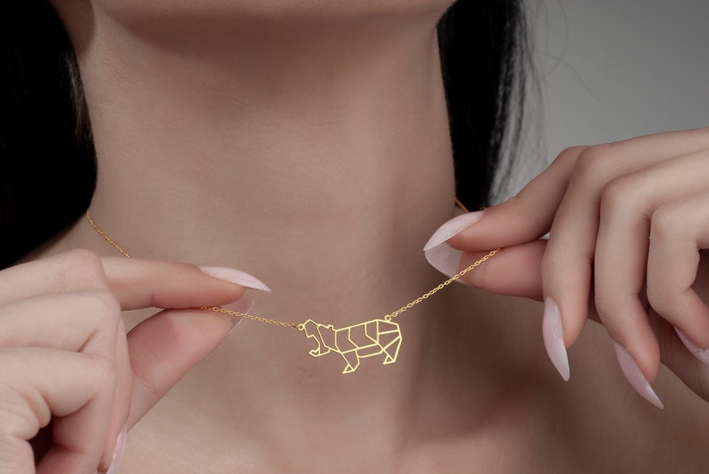 Dainty Geometric Hippo Gold Necklace Cute Hippo Pendant Origami Hippopotamus Handmade Gifts Minimalist Necklace by Silverify image 2