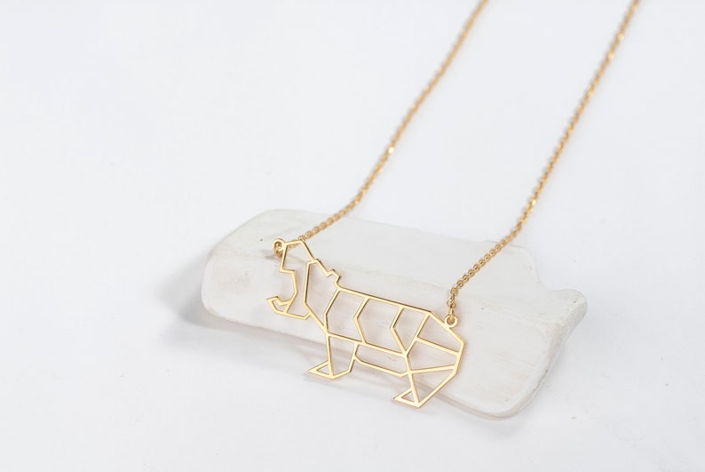 Dainty Geometric Hippo Gold Necklace Cute Hippo Pendant Origami Hippopotamus Handmade Gifts Minimalist Necklace by Silverify image 3
