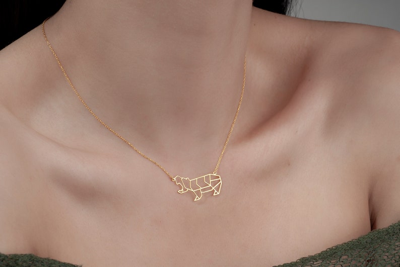 Dainty Geometric Hippo Gold Necklace Cute Hippo Pendant Origami Hippopotamus Handmade Gifts Minimalist Necklace by Silverify image 7