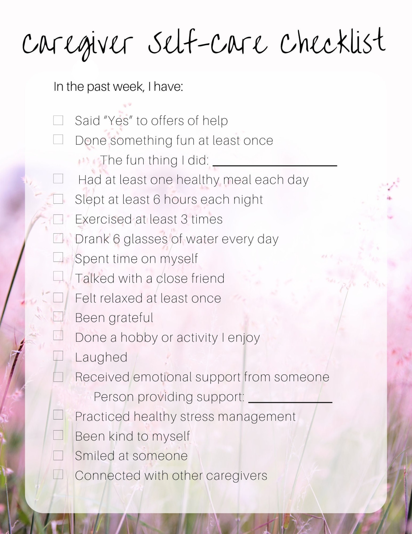 Self Care Checklist for Caregivers weekly Downloadable - Etsy