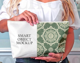 Large AOP Accessory Pouch W T-Bottom Smart Object Mockup | Printify Pouch Model Mockup | Make-Up Bag Mockup | Canvas Zipper Bag Mockup