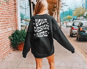 Gildan 18000 Back of Sweatshirt Mockup, Trendy Oversized Black Sweatshirt Model Mockup, Black Crewneck Mock Up