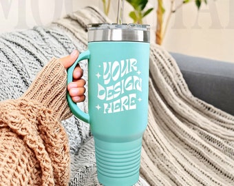 Teal 40oz Polar Camel Insulated Travel Mug Mockup - Teal Printify Tumbler Mockup - Sublimation Tumbler Lifestyle Studio Model Mockup