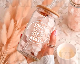 16oz Sipper Glass Can Mockup, 16oz Glass Beer Can Mockup, Boho Wedding Bridal Mockup, Studio Mug with Bamboo Lid Mockup