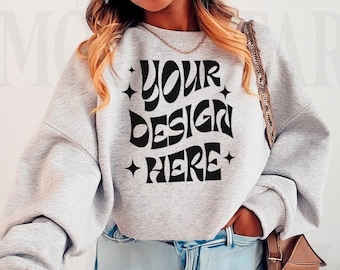 Gildan 18000 Ash Sweatshirt Mockup, Trendy Oversized Pink Sweatshirt Model Mockup, Chic Ash Crewneck Mock Up, Lifestyle mockups