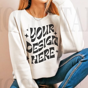 Gildan 18000 White Sweatshirt Mockup | G180 White Crewneck Mockup | Studio Model Mock | Oversized Trendy Boho Aesthetic Sweater
