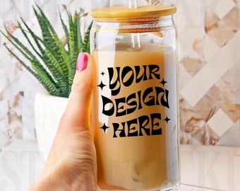 16oz Sipper Glass Can Mockup, 16oz Glass Beer Can Mockup, Boho Lifestyle Mockup, Studio Mug with Bamboo Lid Mockup