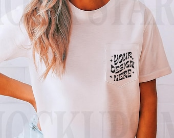 White Gildan 5300 Pocket Shirt Mockup | Model Pocket T-shirt Mockup | White Shirt Mockup | Studio Mockup | Lifestyle Mock ups