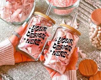 16oz Sipper Glass Can Mockup, 16oz Frosted and Clear Glass Beer Cans Mockup, Boho Wedding Bridal Mockup, Studio Mug with Bamboo Lid Mockup