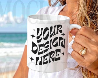 Strand Tasse Mockup | Sommer Tasse Mockup | Drucken 11 oz. Weiße Keramiktasse Modell Mockup | Kaffeebecher Mock | Digitales JPEG BILD