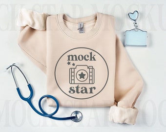 Gildan 18000 Sand Folded Sweatshirt Mockup, Nurse Scrubs Mockup Crewneck Mock Up, Medical Doctor Professional Flat Lay Mock Up