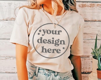 Natural Shirt Mockup, Bella Canvas 3001 Natural, Boho Style Model mockup, Natural Tee Mockup, Trendy Oversized Tee Model mockup
