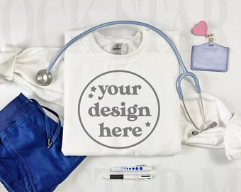 Gildan 18000 White Folded Sweatshirt Mockup, Nurse Scrubs Mockup Crewneck Mock Up, Medical Doctor Professional Flat Lay Mock Up
