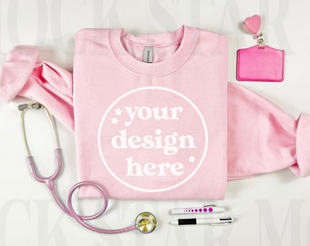 Gildan 18000 Pink Folded Sweatshirt Mockup, Nurse & Stethoscope Mockup Crewneck Mock Up, Medical Doctor Professional Flat Lay Mock Up
