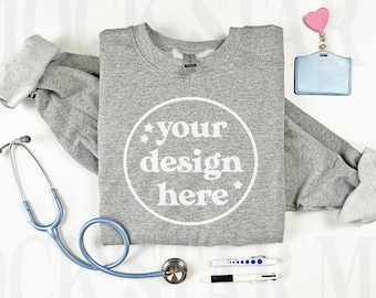Gildan 18000 Sport Grey Folded Sweatshirt Mockup, Nurse & Stethoscope Mockup Crewneck Mock Up, Medical Doctor Professional Flat Lay Mock Up