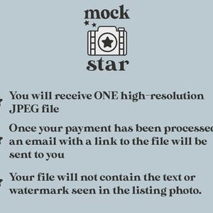 May include: A light blue graphic with the words "mock star" above a camera icon with a star. Text below states you will receive a high-resolution JPEG file, and an email with a link will be sent after payment.
