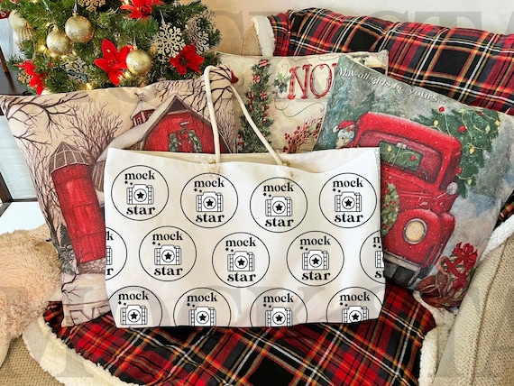 AOP Weekender Tote Bag Mockup - Christmas Tote Bag Mock up - Holiday Themed Flat Lay Mockup - Weekender Tote with Rope Handles Xmas Mockup