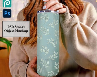 20oz Skinny Tumbler MOCKUP PHOTO- Sage Maars Maker Matte tumbler Mockup - Printify Tumbler Lifestyle Model Mock - PSD Smart Object Mockup