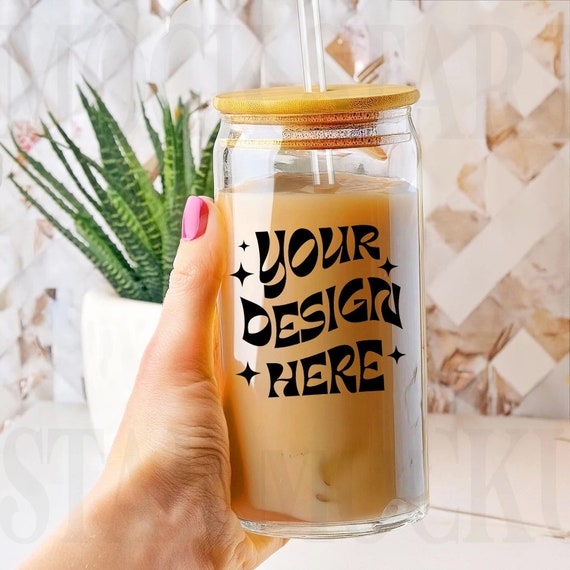 16oz Sipper Glass Can Mockup, 16oz Glass Beer Can Mockup, Boho Lifestyle Mockup, Studio Mug with Bamboo Lid Mockup