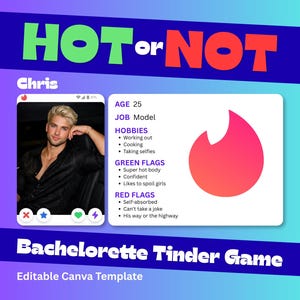 Op de afbeelding: Een digitaal ontwerp voor een Bachelorette Tinder Game. Het ontwerp toont de tekst "HOT or NOT" in groen en rood, een foto van een man en een lijst met "Green Flags" en "Red Flags". De sjabloon is bewerkbaar.