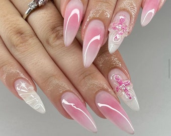 Gel 3D rose et blanc tendance / Appuyez sur les ongles / Boutique d'ongles / Ongles de mariage fantaisie #84