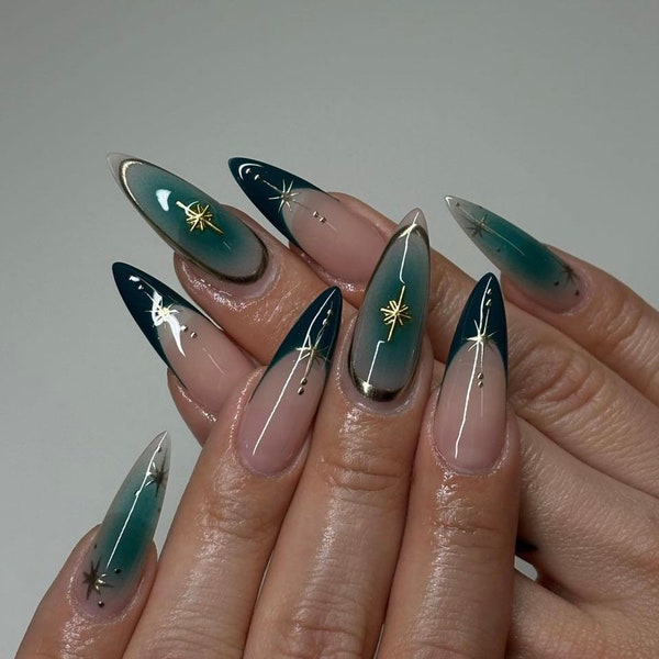 Luxury Green Nail Art For Prom Events and Birthday/Press ON nails/ Boutique Nails/ Fancy wedding Nails #21