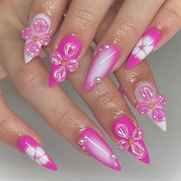 3D Gel Pink Flower Press ON nails/ Fancy wedding Nails/Party Nails/Long Nails/Almond Nails/Handmade nails/Fake Nails#154