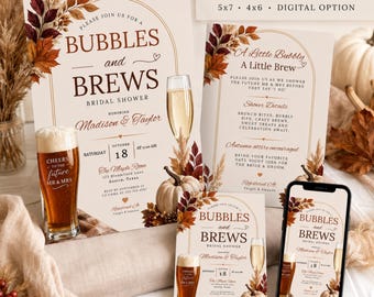 Puede incluir: Un conjunto de plantillas de invitación para despedida de soltera con hojas de otoño, calabazas y copas de champán. El texto dice Bubbles and Brews, en honor a Madison y Taylor. Un teléfono inteligente muestra el diseño de la invitación.