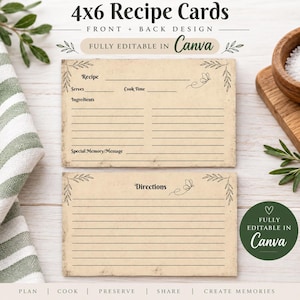 May include: Two 4x6 inch recipe cards with a vintage beige paper texture and dark brown text. The top card features fields for Recipe, Serves, Cook Time, Ingredients, and Special Memory/Message. The bottom card is for Directions.