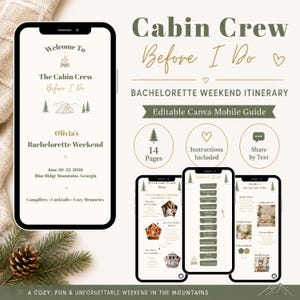 May include: A digital bachelorette weekend itinerary displayed on three smartphones. The design features text that reads "Cabin Crew Before I Do" and "Olivia's Bachelorette Weekend." The guide includes 14 pages, instructions, and a share-by-text option.