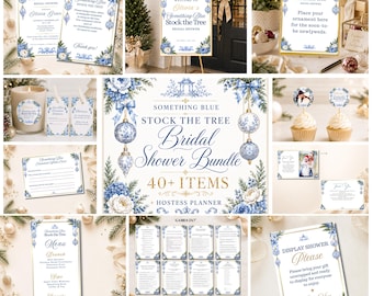 Puede incluir: Un paquete para despedida de soltera con más de 40 artículos con temática floral azul y blanca y adornos navideños. Incluye invitaciones, letreros, menús, hojas de juegos y etiquetas con el texto Something Blue Stock the Tree Bridal Shower.