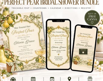 Puede incluir: Un paquete de invitaciones interactivas para despedida de soltera con temática de peras y cuadros vichy. El diseño incluye una invitación grande y dos pantallas de móvil que muestran el diseño digital con el texto She Found Her Perfect Pear.