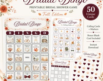 Puede incluir: Un juego de bingo nupcial imprimible con temática otoñal y detalles florales. El set incluye una tarjeta de bingo grande, una hoja de tarjetas de llamada, una tarjeta de bingo en blanco y una hoja de marcadores en forma de corazón con flores.
