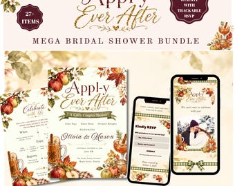 Puede incluir: Un paquete de despedida de soltera con invitación, sitio web y plantillas de confirmación de asistencia con temática de manzanas y hojas de otoño. El texto dice Appl-y Ever After, Mega Bridal Shower Bundle, e incluye a Olivia y Mason.