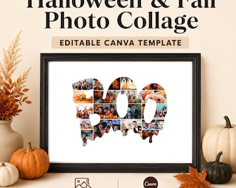 Puede incluir: Una plantilla de collage de fotos digital con el texto "Halloween & Fall Photo Collage" y "EDITABLE CANVA TEMPLATE". El gráfico central muestra una colección de fotos pequeñas dispuestas para formar la palabra "BOO" con forma de fantasma.
