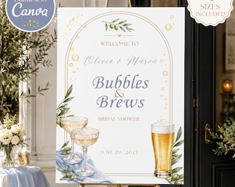 Puede incluir: Un letrero de bienvenida rectangular blanco con un arco dorado, ilustraciones de ramas de olivo, dos copas de champán y un vaso de cerveza. El texto dice: Welcome to Olivia & Mason, Bubbles & Brews, Bridal Shower, June 20, 2027. Incluye insignias.