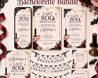 Puede incluir: Un conjunto de papelería para despedida de soltera con temática Last Boo Bach Club, con detalles florales en crema, negro y burdeos. Incluye invitaciones, una guirnalda con letras individuales y pequeños carteles con textos como Best Friends Spooky Nights.