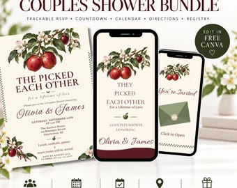 Puede incluir: Un paquete interactivo para una fiesta de pareja que incluye una invitación impresa y dos pantallas de teléfono móvil con detalles del evento. El diseño presenta ilustraciones de ramas de manzana y el texto "They Picked Each Other".