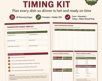 Puede incluir: Un kit de planificación para la cena de Acción de Gracias con 28 páginas PDF imprimibles y rellenables. El documento incluye secciones para puntos clave de la comida, un horario de horno, un horario de quemadores y un planificador de pavo.